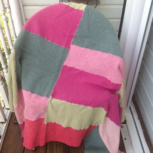 Wool Throw Patchwork Patch Blanket Handmade Pink Green Felted Bedding Bed